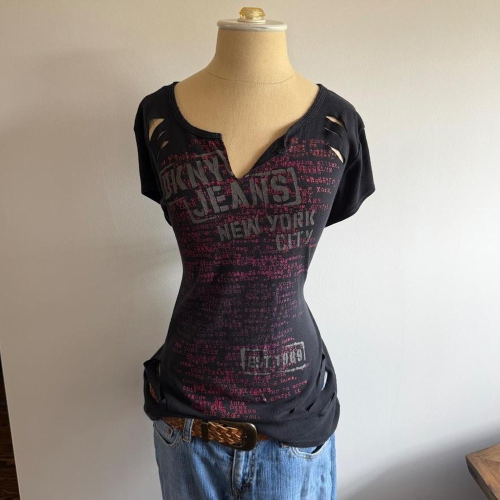 DKNY Jeans Black Y2K Grunge Cut Out Graphic Tee NYC Rockstar Edgy XL